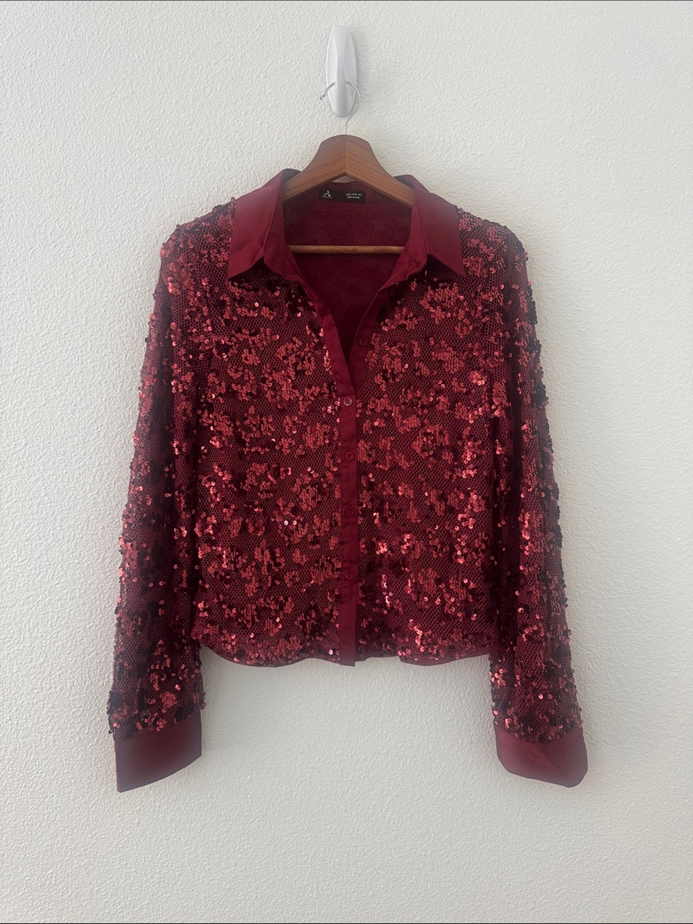 ANEWSTA Sequined Button-Front Shirt Burgundy / Red Size Small Disco